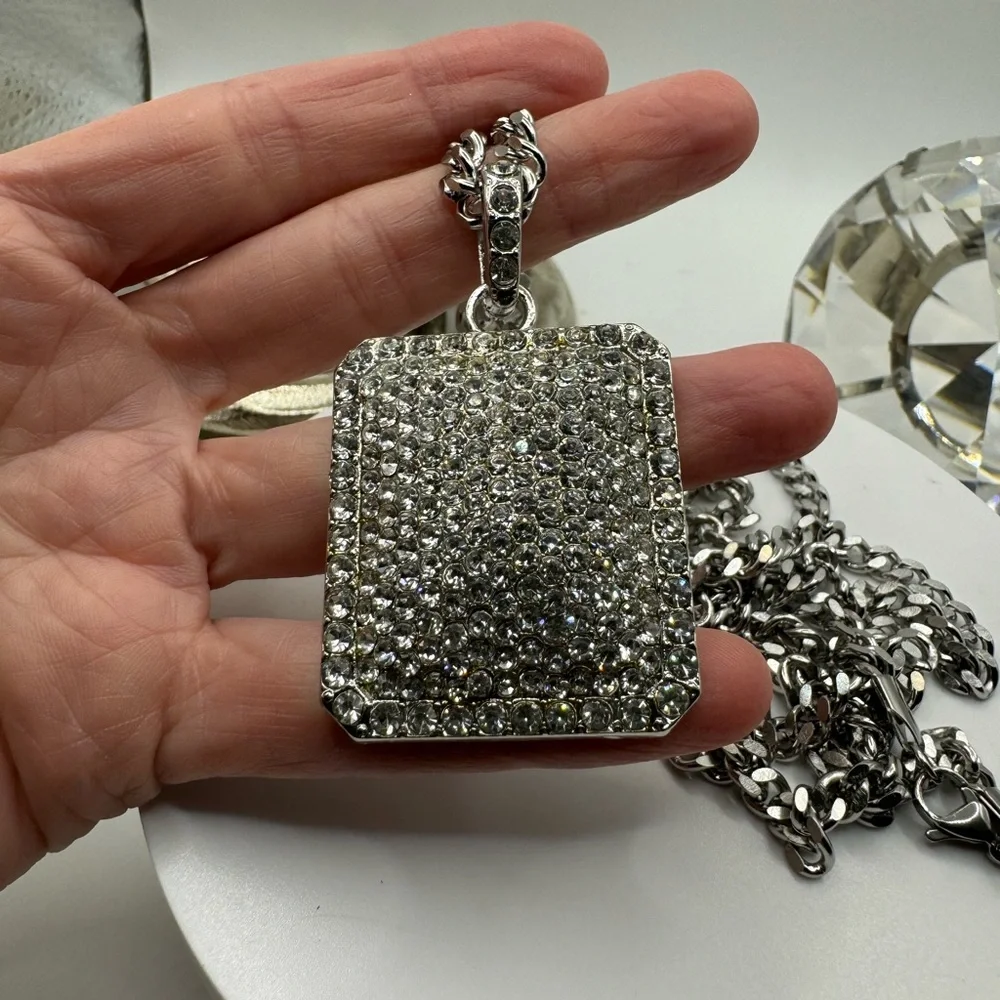 Stainless Steel Thick Chain and Crystal Encrusted‎ Pendant NEW